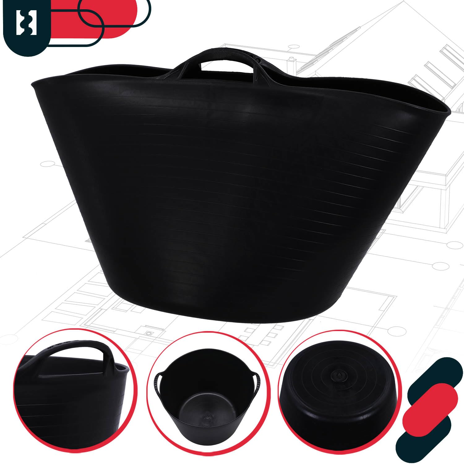 KOTARBAU® Elastischer Gummitrog Schwarz mit Tragegriffen Universal Flexibler Gartenkorb 42L