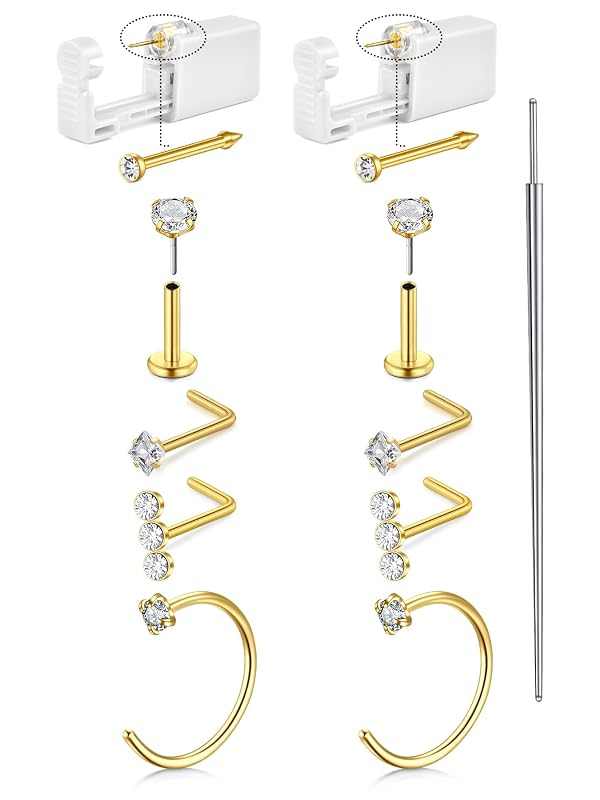 Kit QWALIT para Piercing de Nariz com 2 Pistolas Descartáveis, Argolas, Pinos e Retentores