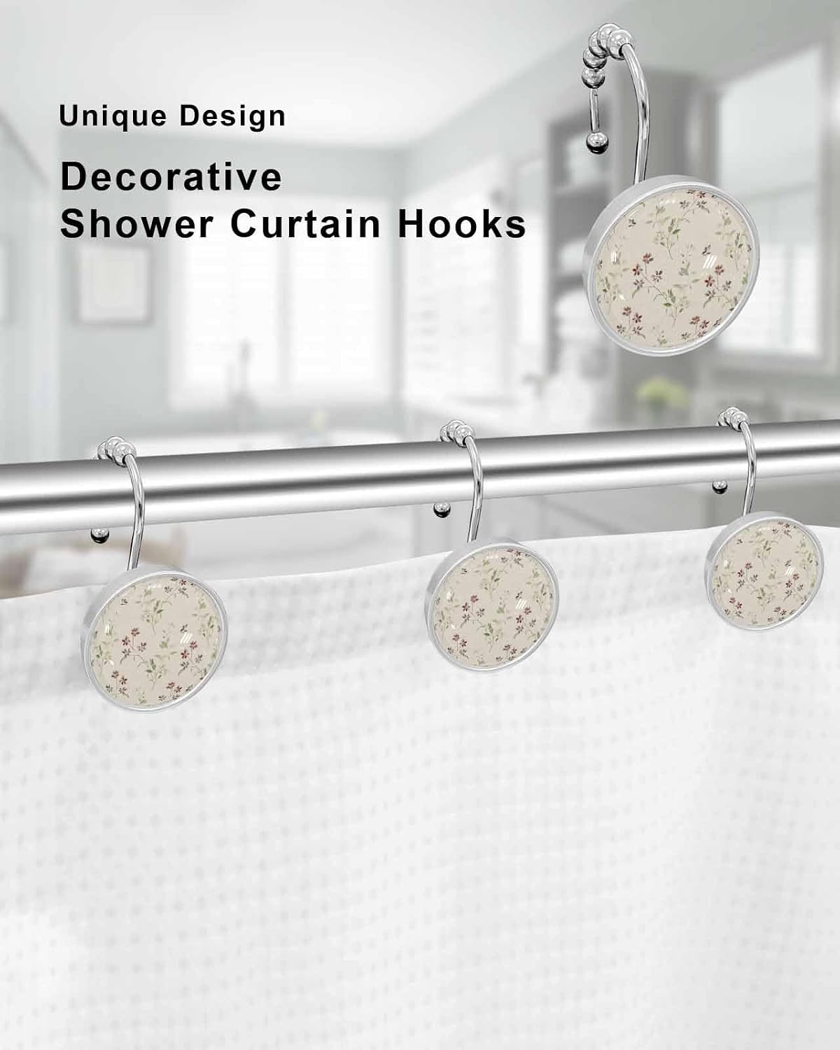 Shower Curtain Hooks 12 Pcs, Retro Flowers Floral Green Leaves Bird Stainless Steel Rust Proof Rolling Shower Curtain Rings, Decorative Shower Curtain Hooks Hangers for Bathroom