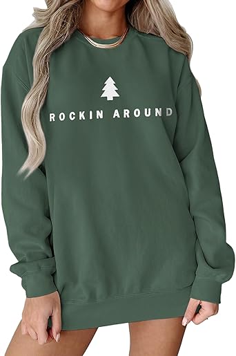 Women Christmas Tree Sweatshirt Rock Around The Xmas Tree Pullover Sweater Crew Neck Long Sleeve Oversized Tops