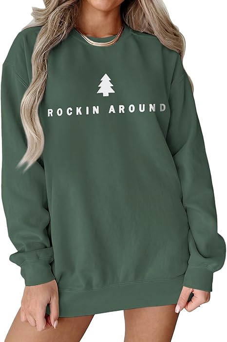 Women Christmas Tree Sweatshirt Rock Around The Xmas Tree Pullover Sweater Crew Neck Long Sleeve Oversized Tops