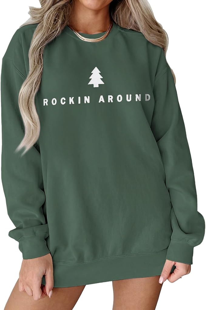 Women Christmas Tree Sweatshirt Rock Around The Xmas Tree Pullover Sweater Crew Neck Long Sleeve Oversized Tops