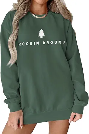 Women Christmas Tree Sweatshirt Rock Around The Xmas Tree Pullover Sweater Crew Neck Long Sleeve Oversized Tops