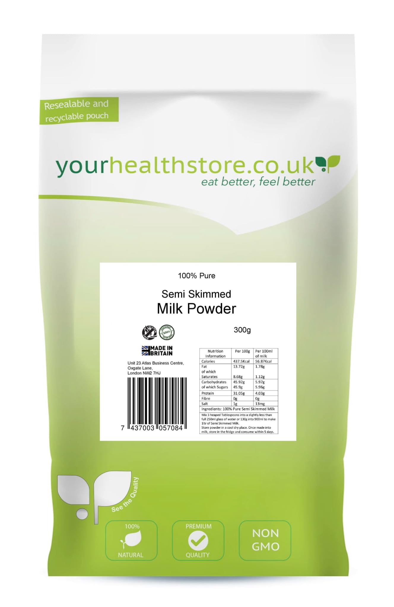yourhealthstore 100% Pure Semi Skimmed Milk Powder 300g, Made in Britain with British Milk, Low in Fat, No Additives, No Soy Lecithin, No Bovaer, Vegetarian, (Recyclable Pouch)
