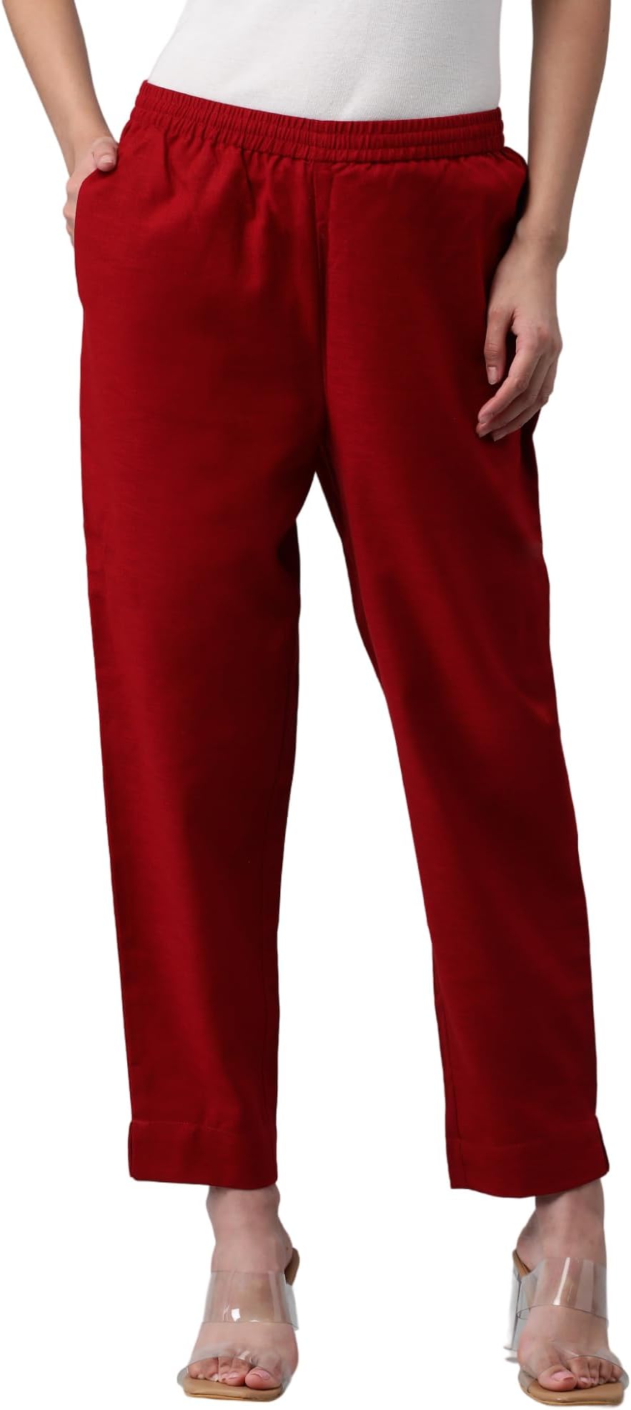 A Fully Elasticated Maroon Ankle Length Cotton Linen Pant.