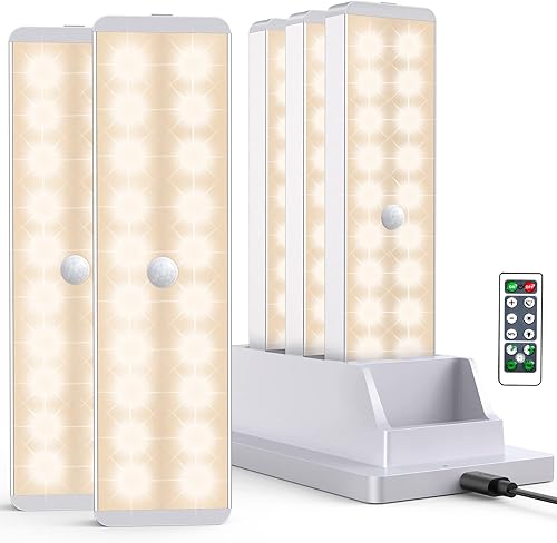 Luz LED para armario con estación de carga, 20 luces LED recargables con sensor de movimiento debajo del gabinete con control remoto, barra de luz