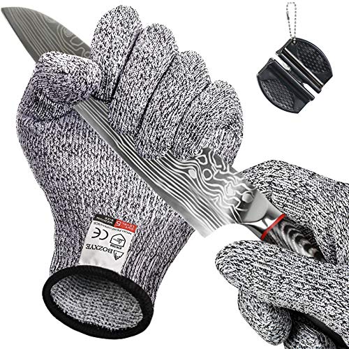 1 Pairs Cut Resistant Gloves, Food Grade, Level 5 Hand Protection, Safety Kitchen Cut Glove for Chefs Mandolin Slicer, Oyster Shucking, Wood Craving, Mini Sharpener Included