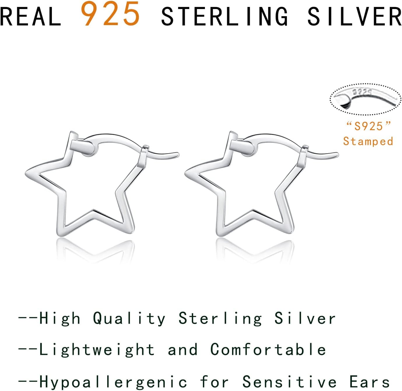 Reffeer Solid 925 Sterling Silver Minimalist Star Hoop Earrings for Women Teens Star Huggie Earrings Hoop - Image 7