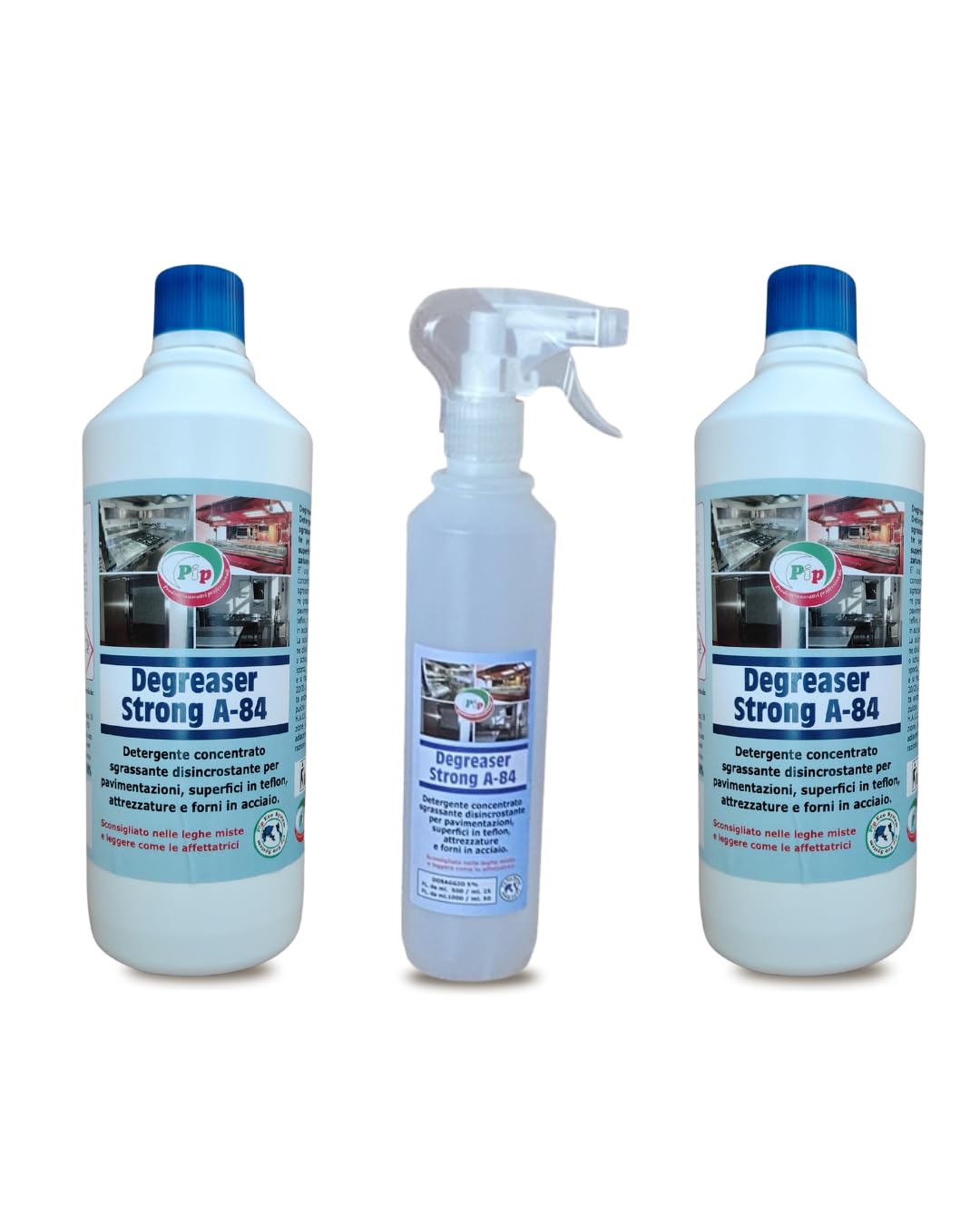 PIP Sgrassatore Professionale Degreaser Strong A-84, Disincrostante, Kit 2pz. da 1L, Concentrato pari a 40 litri di prodotto pronto all'uso, Pulizia Pavimenti, Superfici in Teflon, Forni in Acciaio