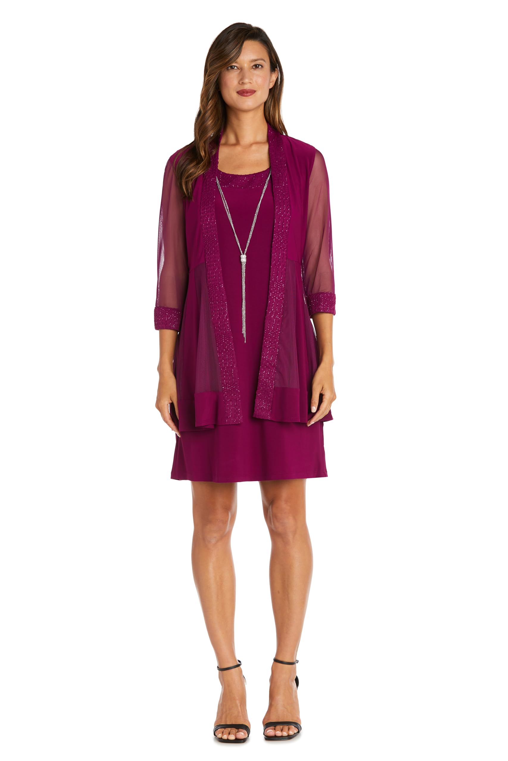 R&amp;M Richards Women's Elegant 2-Piece Shift Dress with Pleated Shimmer Duster Jacket for Mother of the Bride, Cocktail Attire