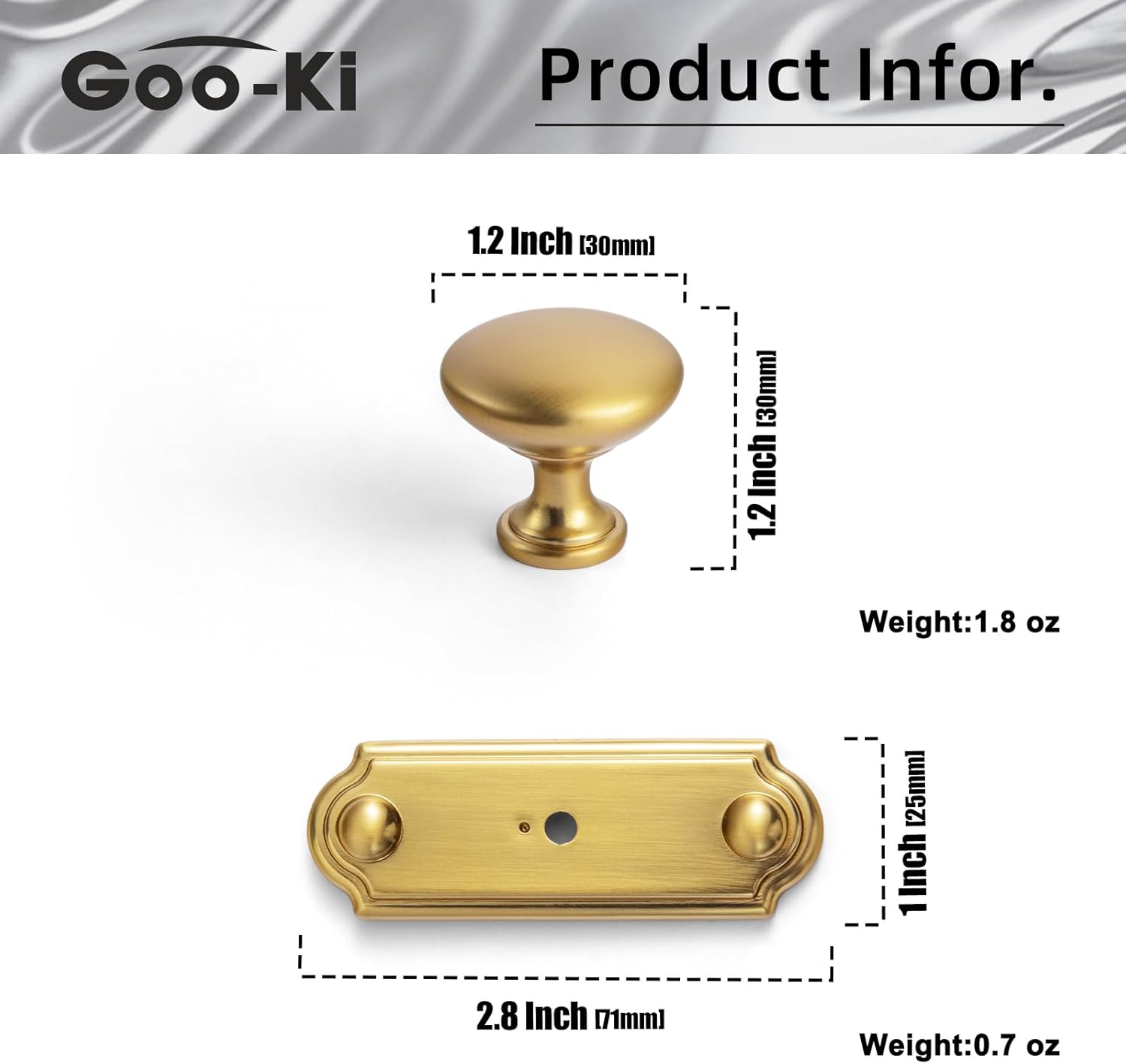 Goo-Ki Brushed Gold Cabinet Knobs with Back/Base Plate Zinc Alloy Kitchen Hardware - 6 Pack Single Hole/Screw Bar Drawer Pulls Cabinet Handles with Spacer