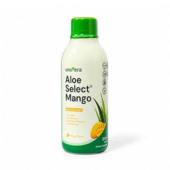 Univera Aloe Vera Juice, Preminum Organic Aloe Vera, Digestive Enzymes for Gut Health, Immune Support, Prebiotic Supplement, Mango Flavor, 30 Day Supply (33 fl oz)