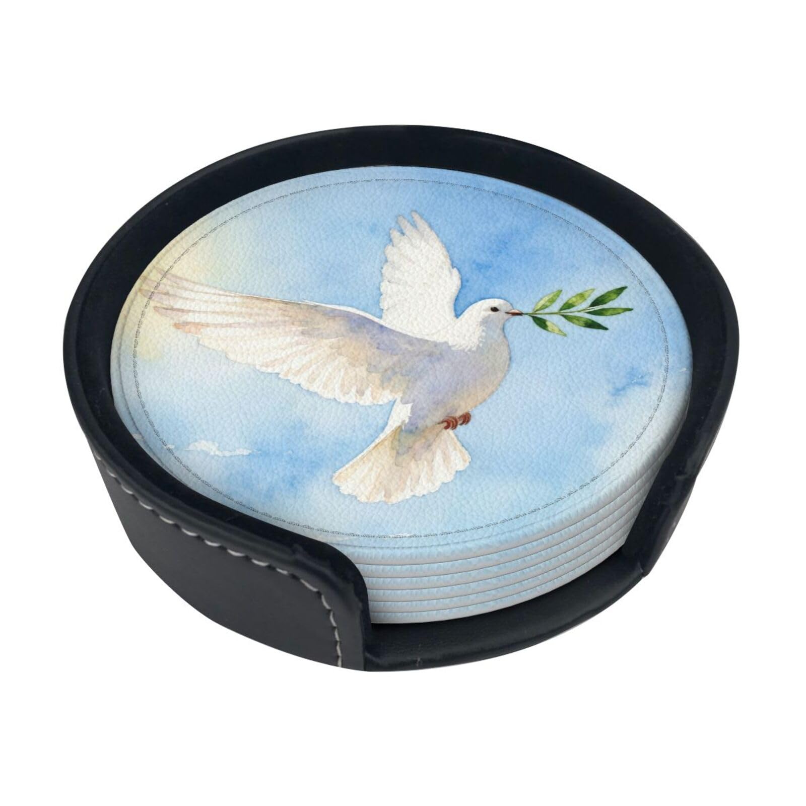 Cntdbu White Dove Olive Branch Leather Coasters Set Of 6-Pu Leather Drink Mats For Table, Heat Resistant Round Coasters With Holder
