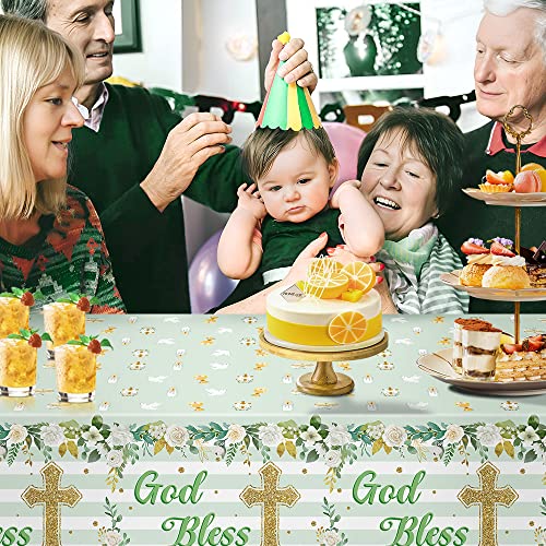 Image of God Bless Baptism Tablecloth - 3-Pack Green Baptism Table Cover Christmas Winter Xmas New Year Party God Bless Cross Religious Waterproof Rectangle First Communion Baby Shower(54x108 Inch)