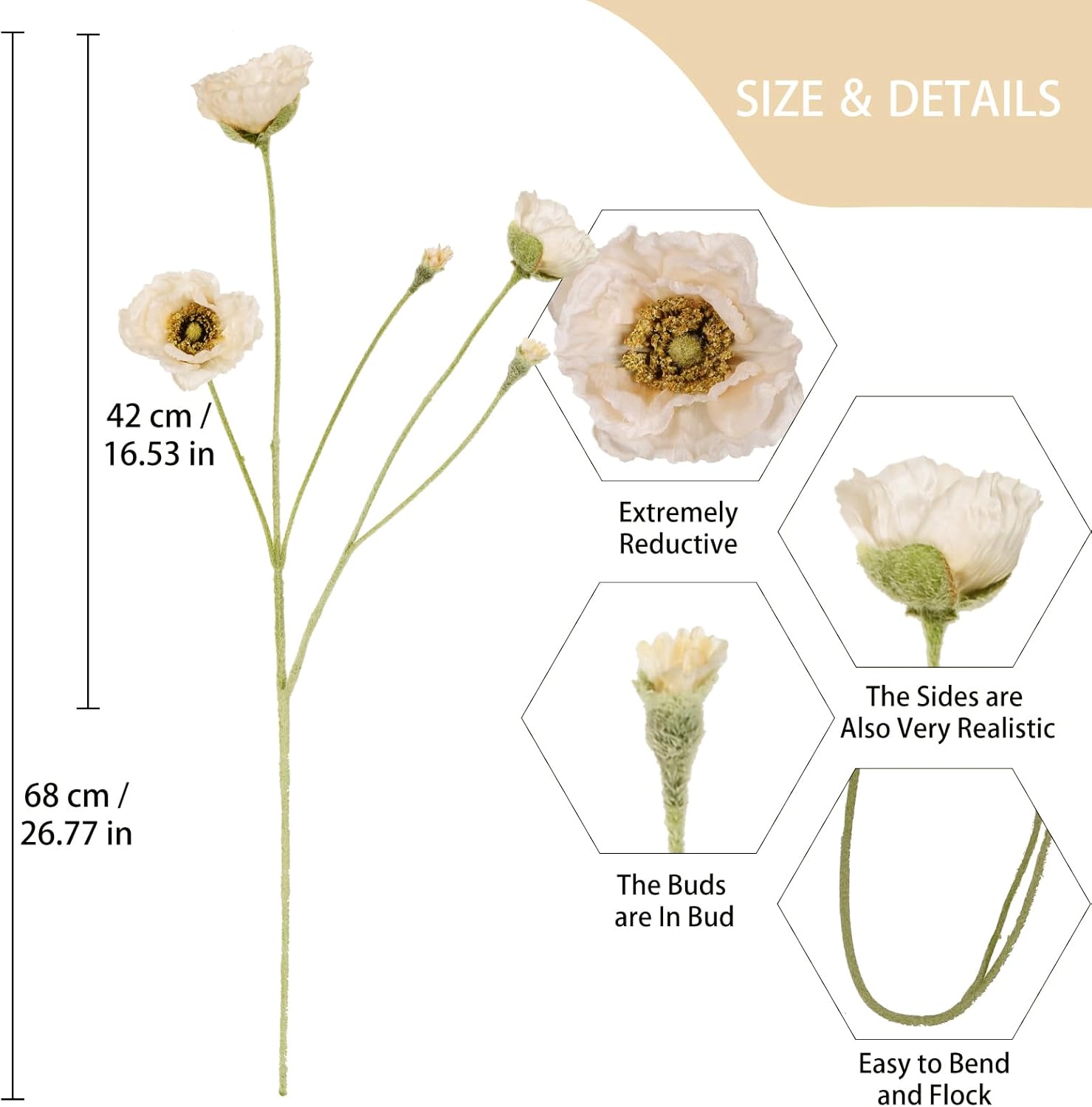 6PCS Champagne Poppy Artificial Flowers 30 Heads Faux Silk Poppy Flowers 26.77in Fake Flowers with Long Flocking Stems for Wedding Party Home Office Decoration(Champagne)