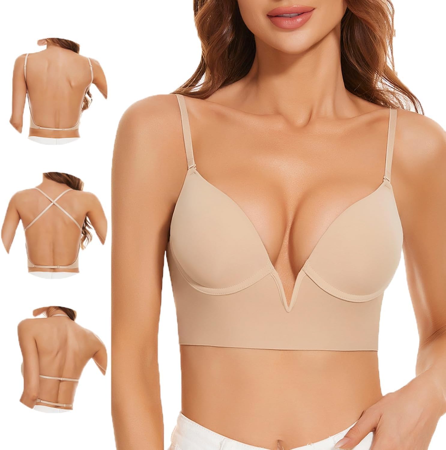 Women Low Back Bras-Invisible Backless Bra-Seamless Secret Plunge No Show Bra Multiway Low Cut Deep-V Halter Bras