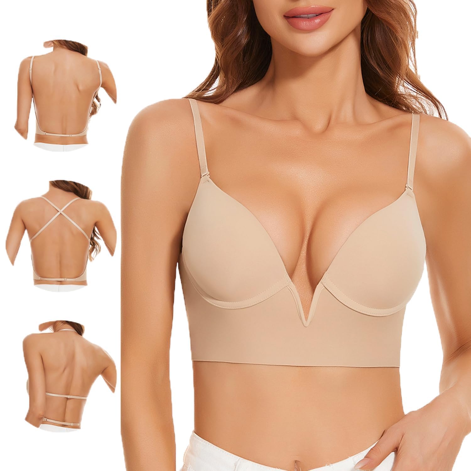 Women Low Back Bras-Invisible Backless Bra-Seamless Secret Plunge No Show Bra Multiway Low Cut Deep-V Halter Bras
