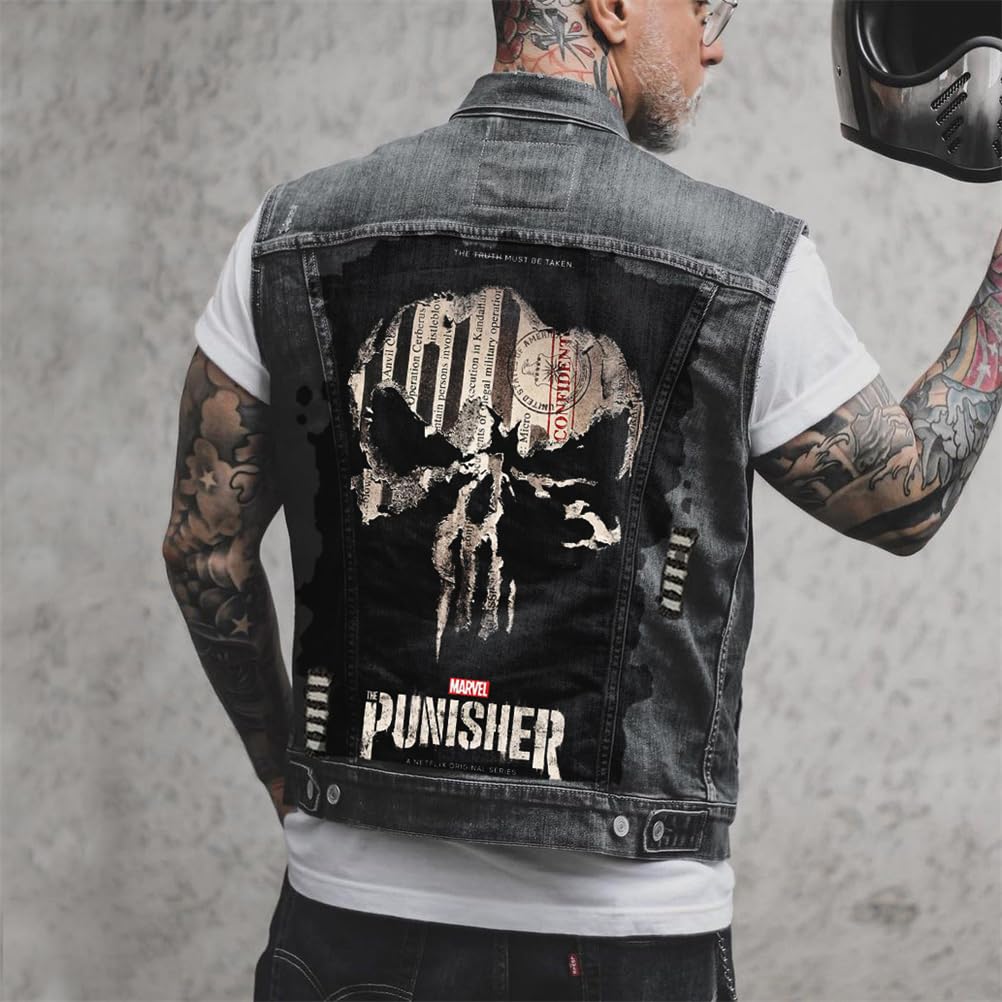 ORANDESIGNE Chaleco de Mezclilla de Hombre con Estampado de Calavera Punk Chaqueta Sin Mangas Vaquero Lavado de Moto