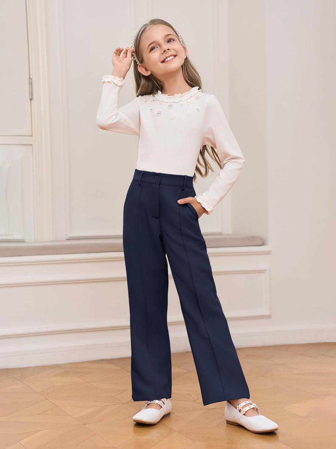 Haloumoning Girls Wide Leg Uniform Pants Kids Elastic High Waist Dress Pants Slacks with Pockets 5-14 Years - Image 3