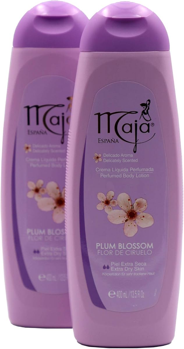 Loción corporal Maja Plum Blossom, loción corporal perfumada con aceite de almendras y vitamina E para piel seca, manteniendo tu piel hidratada, fragancia floral y afrutada, 2 paquetes de 13.5 onzas líquidas cada uno, 2 botellas
