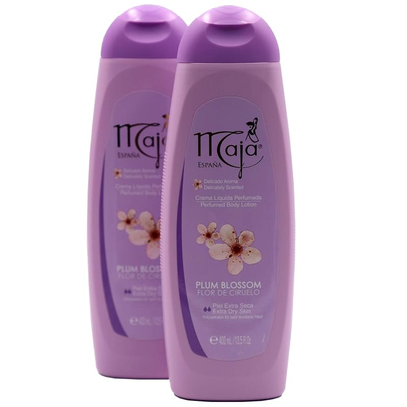 Loção corporal perfumada Maja Plum Blossom com óleo de amêndoas e vitamina E, 2 frascos de 400 mL