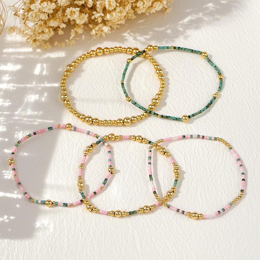 Gold Beaded Bracelets Set for Women 14K Gold Plated Beads Ball Bracelet Stack Dainty Boho Colorful Stretch Stackable Seed Bead Waterproof Non Tarnish Trendy Jewelry Accessories Gifts - Image 5