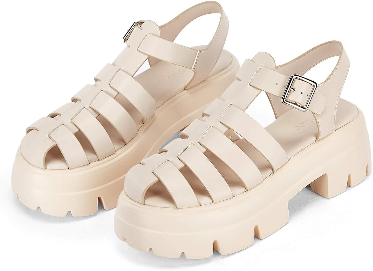 Coutgo Sandalias de tacón grueso con plataforma para mujer, estilo gladiador, correa al tobillo, suela de lengüeta, zapatos de verano pescador Y2K
