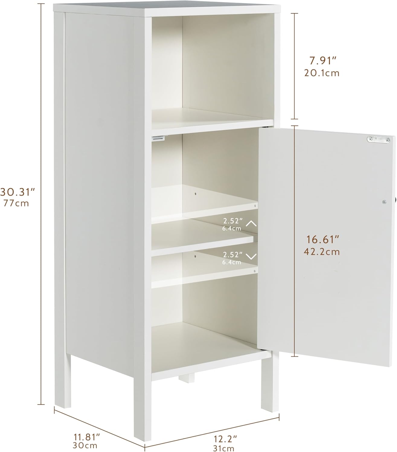 VDNEND Bathroom Floor Cabinet with Lights, Small Wooden Storage Cabinet with Door, Open Shelf, Freestanding Storage Unit for Bathroom Hallway Living Room (White, 1 PCS)