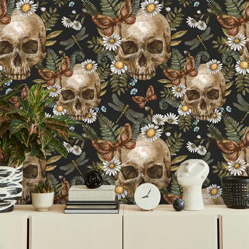 VEELIKE Tapete Totenköpfen Farnen Gothic Dunkle Blumentapete Vintage Tapete Blumen Schwarz Mustertapete Tropische Blätter Dschungel Tapeten Kinderzimmer Badezimmer Schlafzimmer Flur 44.5cm x 300cm