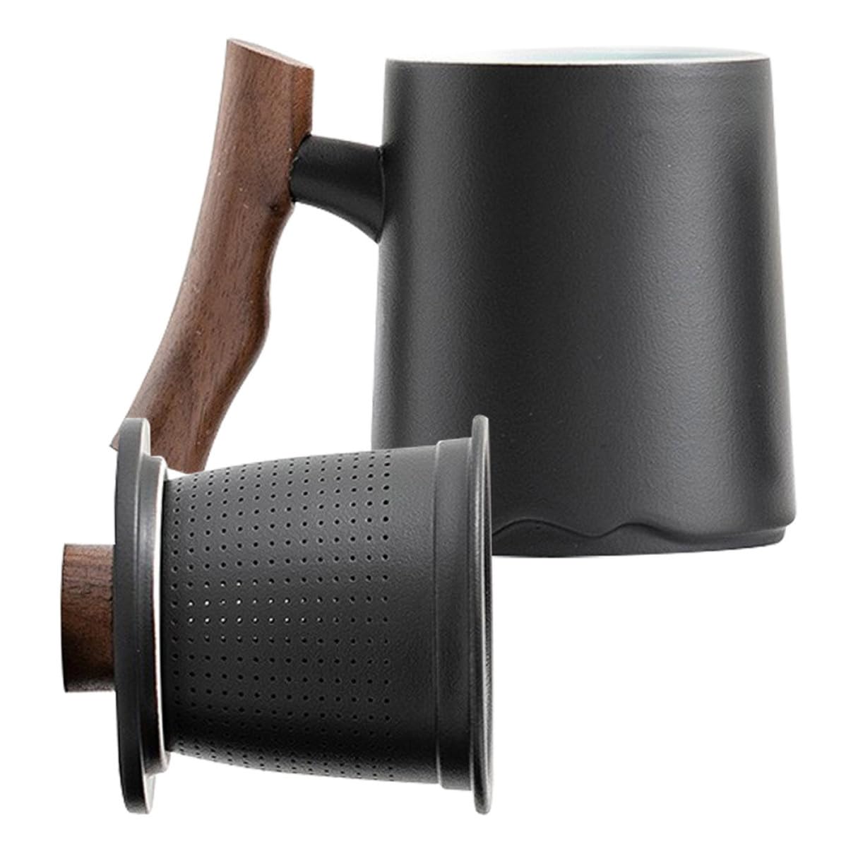 ibasenice Taza de Té con Diseño Elegante con Filtro Incorporado de Cerámica Negra y Mango de Madera de 360ml y Capacidad Grande para Diversas Ocasiones