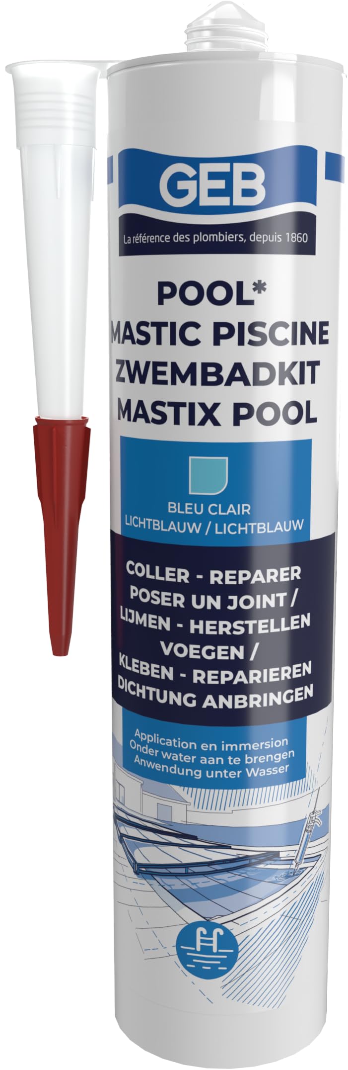 GEB Mastic étanche spécial piscine Bleu 290 ml pour coller, jointoyer et réparer même sous l'eau des éléments de piscine, carrelage, mosaïque, margelle, projecteur, bonde