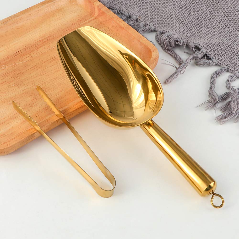 Akamino Stainless Steel Ice Scoop & Tongs Set – Gold, 304 Grade, Round Bottom, Multipurpose Kitchen & Bar Tools
