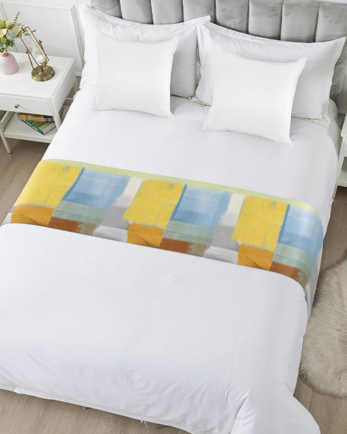 Bed Runner Scarf Abstract Painting Art Style Orange Blue Yellow Grey Bedding Scarf Decorative Bed Runners Cover for Home Bedroom Hotel Wedding Room Bed Scarf for Foot of Bed Full 83x20in