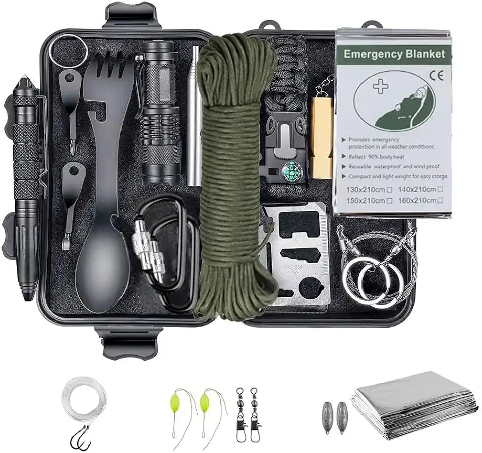 Kit de Sobrevivência de Emergência Profissional, Equipamento Tático Multifuncional com Lanterna, Manta de Primeiros Socorros, Corda de Escape, Apito, Ferramentas de Pesca