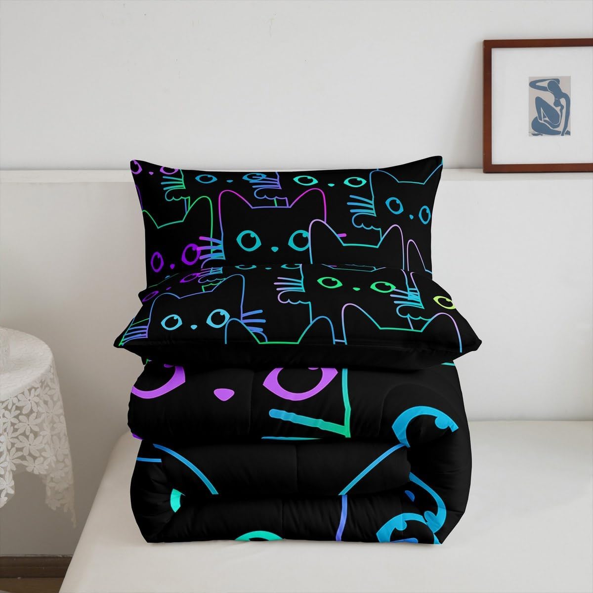 Erosebridal Cartoon Cat Bedding - Twin Cute Black Cat Comforter Set, Gradient Line Kitten Comforter, 2Pcs