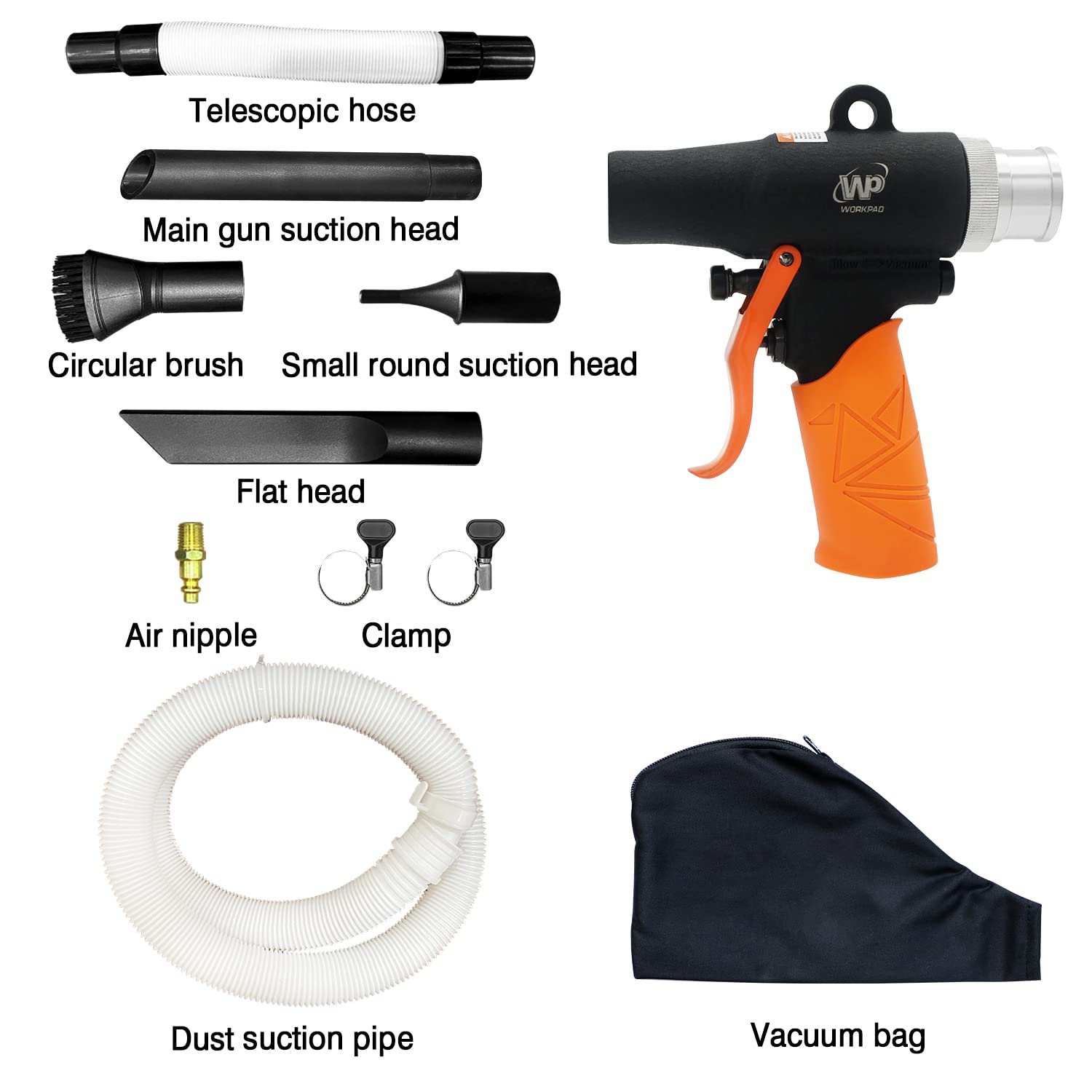 Pistola de plumero de aire, WP WORKPAD de soplado/succión Pistola de soplado de polvo de doble propósito Herramienta de limpieza neumática con diferentes accesorios de boquilla