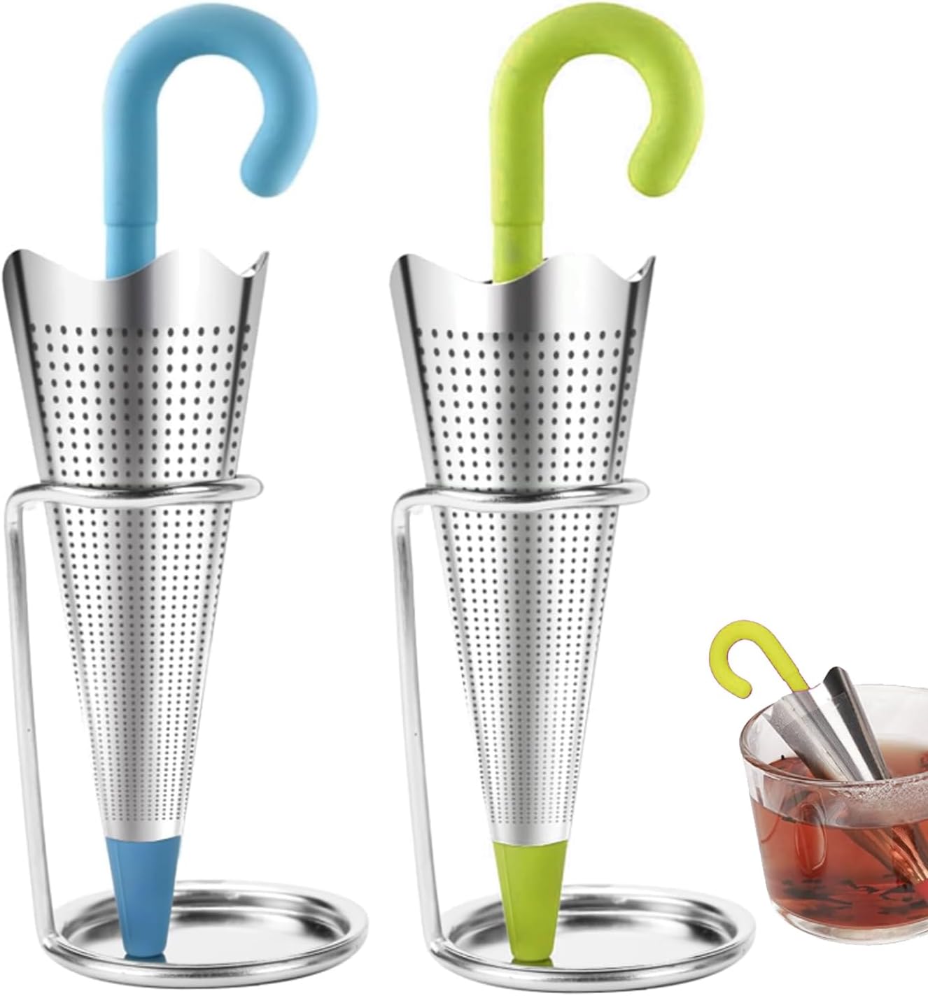 Pack of 2 Umbrella Tea Strainers, Tea Strainer for Loose Tea Bags, Tea Filter Stainless Steel, Tea Infuser for Loose Tea for Tea Lovers, Friends and Family (Blue, Green)