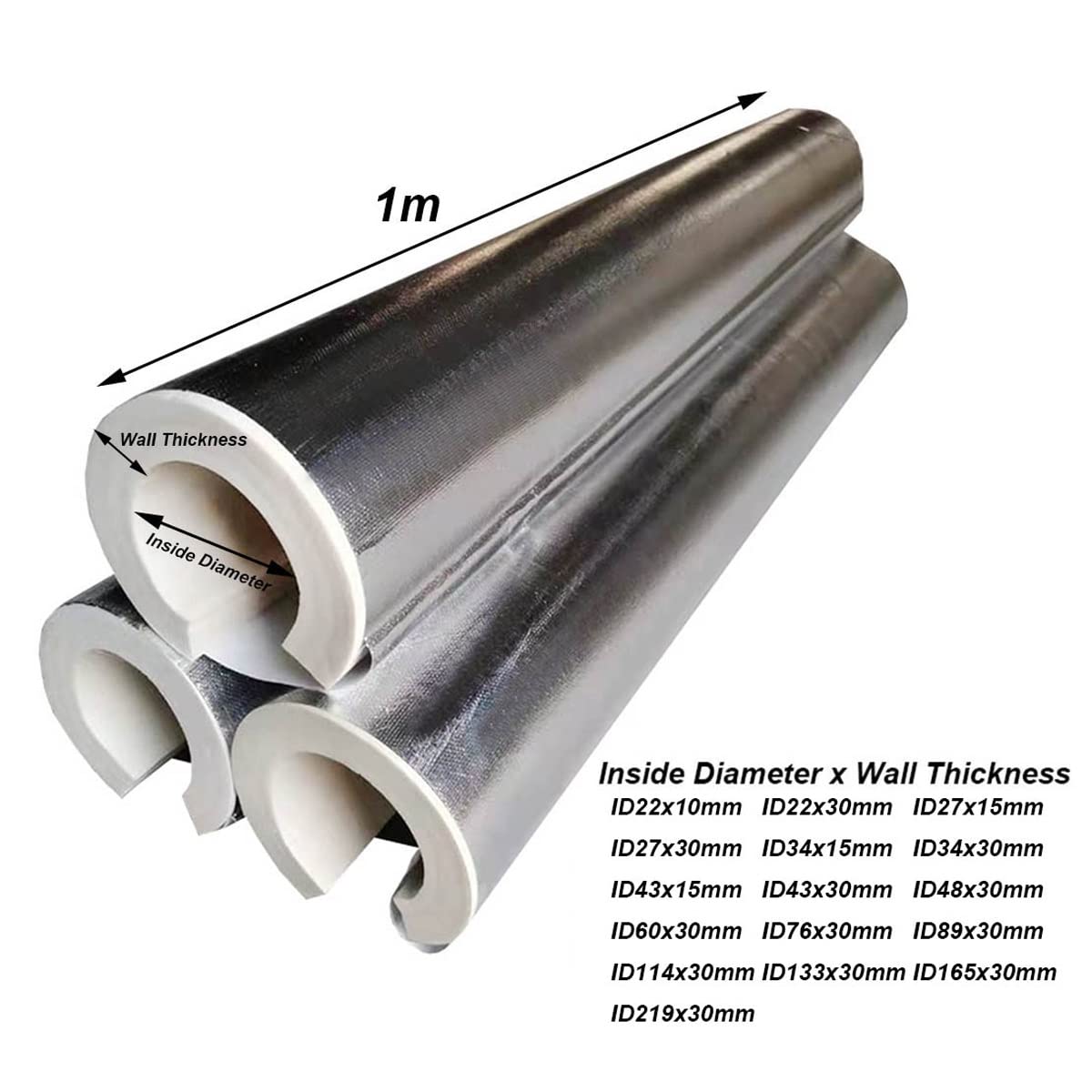 Coquilla Aislante de Papel de Aluminio Autoadhesivo, Aislamiento De Tuberías De Espuma Flexible, Cubierta de Aislamiento Anticongelante, 30mm de Espesor, Diámetro Interior: 22mm ~ 219mm