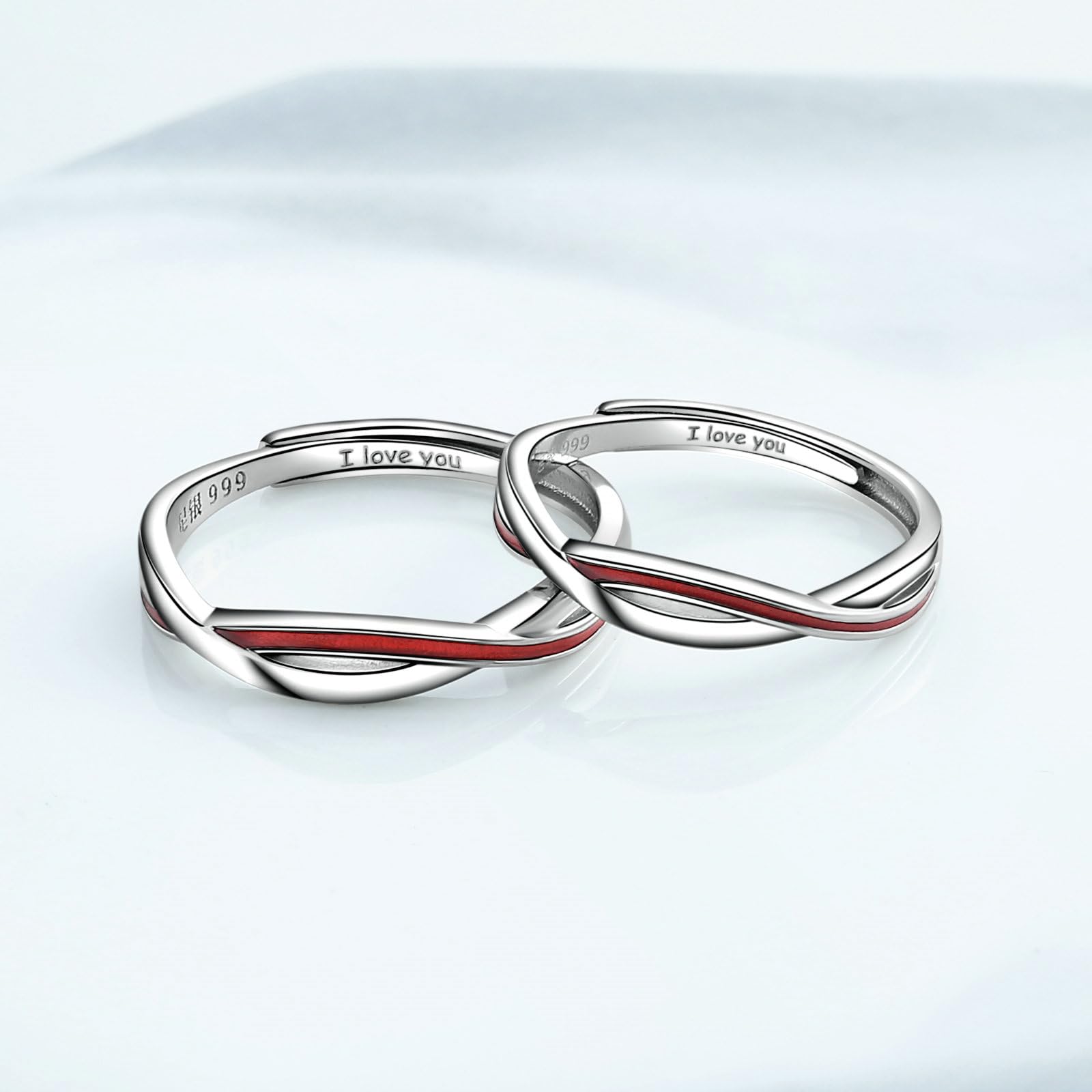 Anello di Coppia Filo Rosso, Anelli Argento Sterling con Linea Rossa Anello di Fidanzamento Donna Incisione Anello Argento Matrimonio Regolabile per Uomo e Donna