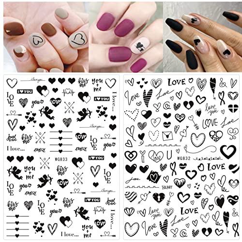 Loveourhome 12 Sheet Valentine Nail Stickers Decals Heart Letter Flower Nails Art Sticker Black Red Fingernails Tattoo Wrap Manicure Decorations #TOP4