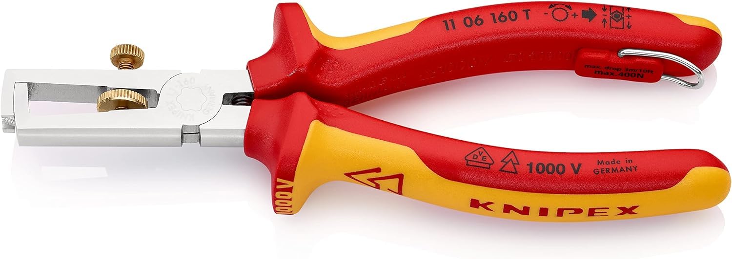 KNIPEX Pince à dénuder Avec ressort d'ouverture, universel chromée isolées avec gaines bi-matière, homologuées VDE ; avec œillet de, 11 06 160 T
