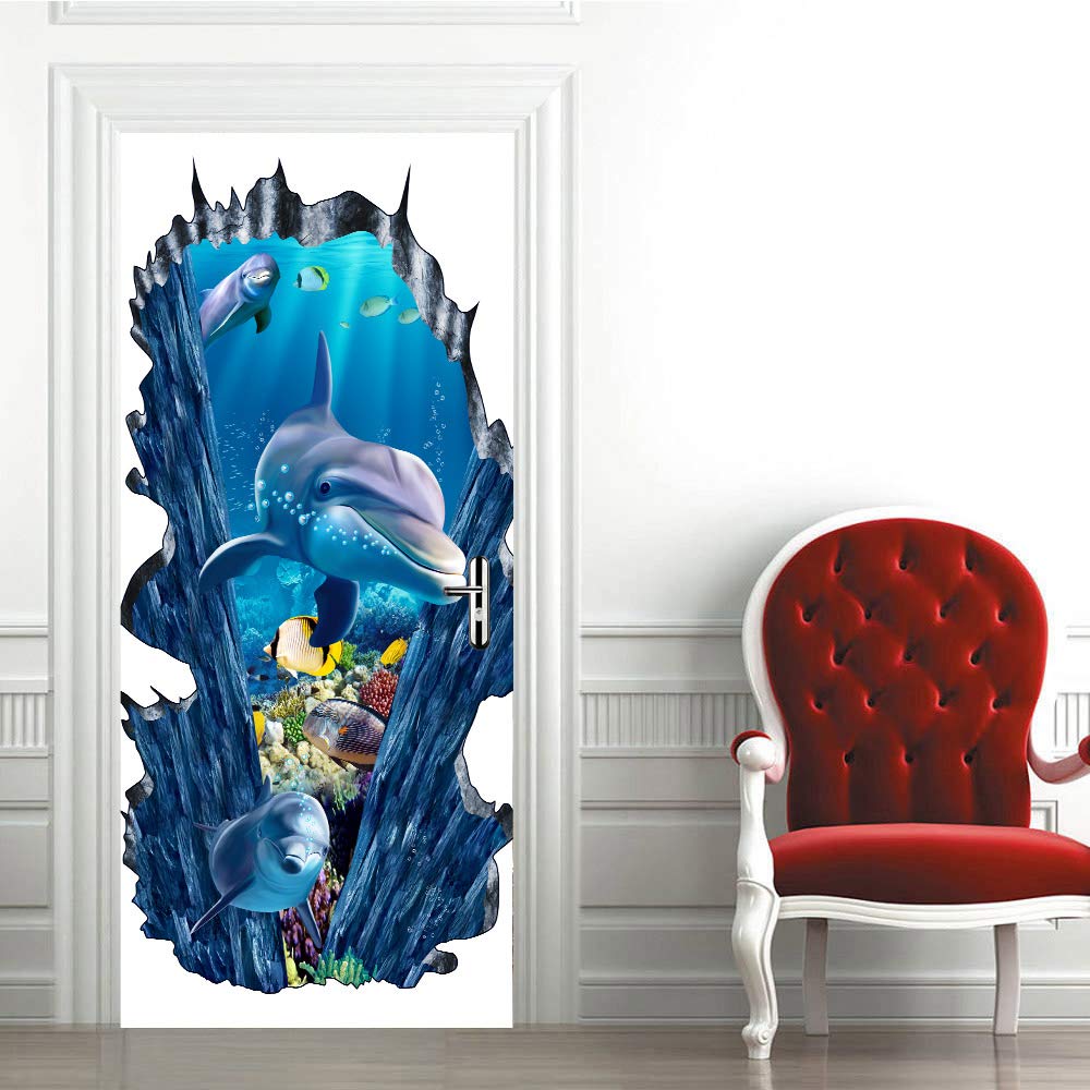 Poster trompe l'oeil porte dauphins pour creer une ambiance zen de salle de bain