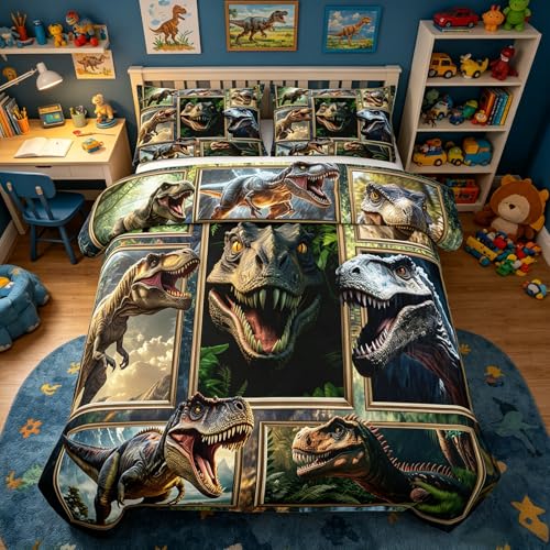 Image of Peopleareok Dinosaur Comforter Set Twin (68x86 Inch), 2 Pieces 3D Dinosaur Bedding Set for Boys Teens, Super Soft Lightweight Dinosaurs Print Comforter Sets for All Seasons