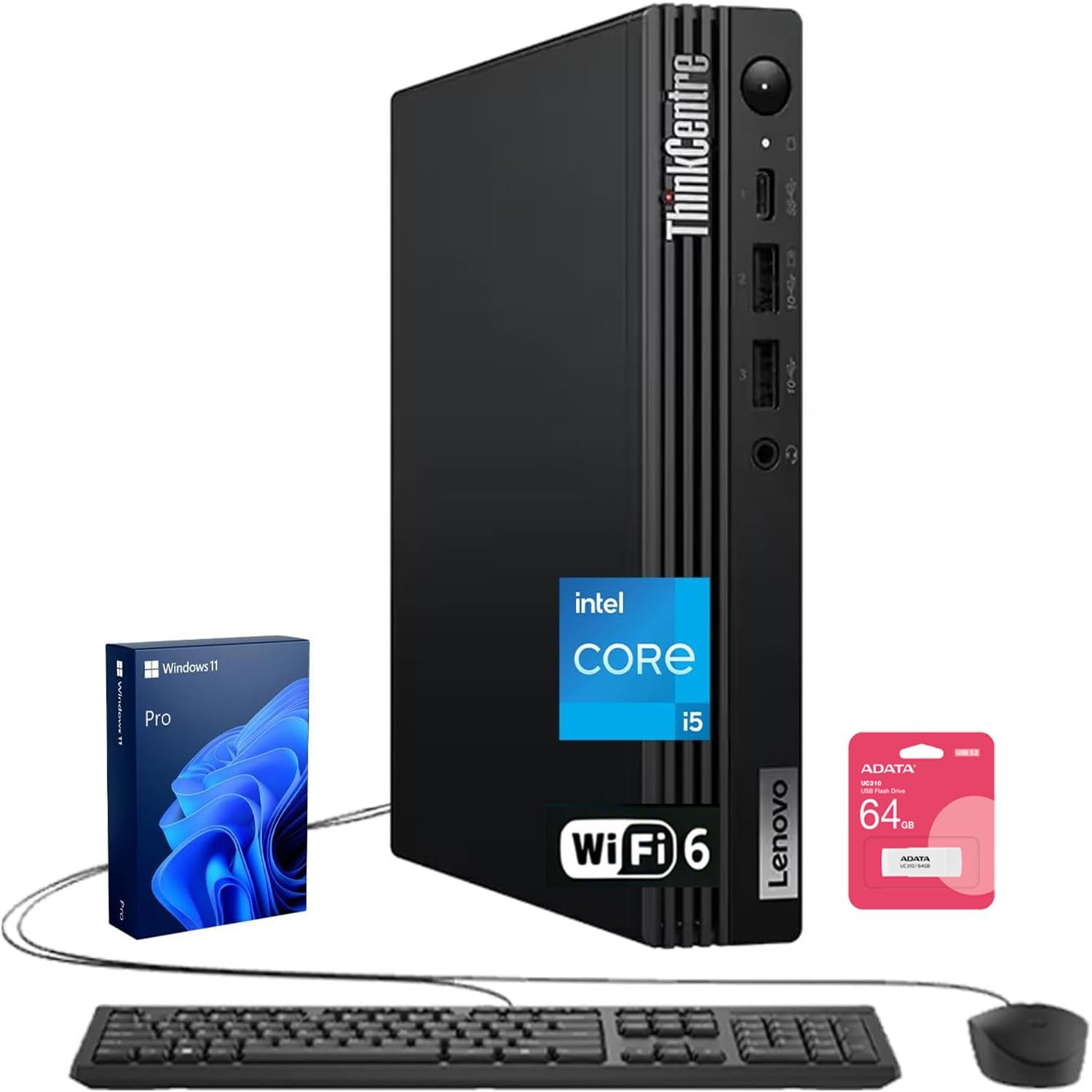 Lenovo ThinkCentre M70q Tiny Business AI Desktop, Intel Core Ultra 5 225T, 32GB DDR5, 2TB SSD, HDMI, DP, Wi-Fi 6, Support 3-Monitor 4K, Wired KB & Mouse, Win 11 Pro, Bundle ADATA 64GB Flash Drive