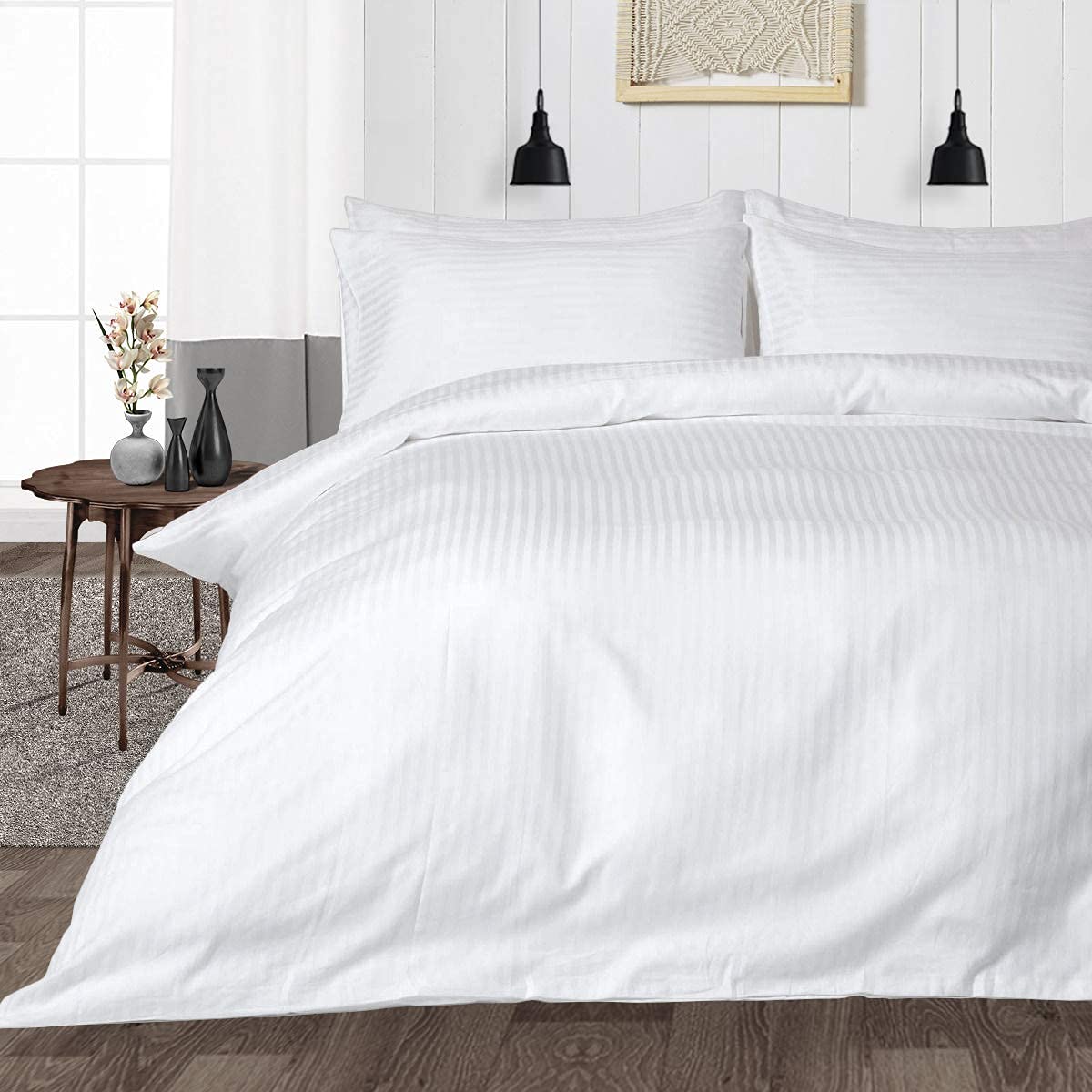 Premium Single Bed Satin Stripe Plain Solid Zipper Duvet Cover/Quilt Cover/Comforter Cover/Rajai Cover for Home,Hotel and Resorts, 300 TC (White, Single Bed)-image-25