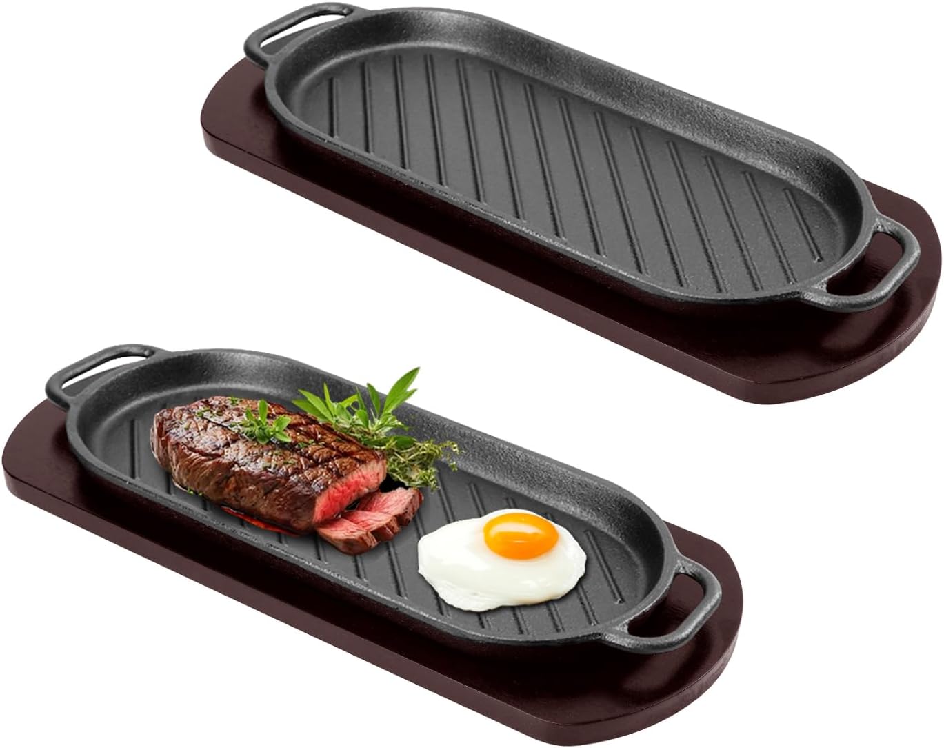 DVK Fajita Skillet Sizzling Plate with Wooden Base for Steak Plate Home Restaurant Kitchen Cooking (2PCS)