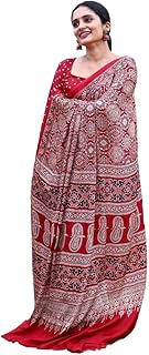 black beauty king Women's Red Mashroo Mix Ajrakh Printed Modal Semi Gajji Silk Soft and Smooth Saree & Blouse(Unstitched)-picture-31