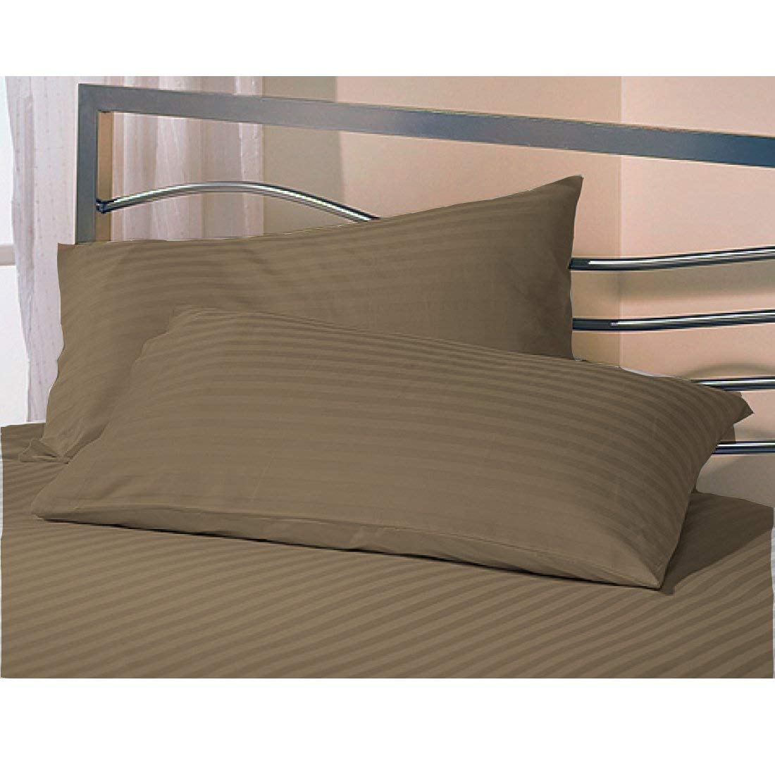 Texlux 100% Cotton Luxurious Striped 2 Piece Sateen Pillow Cover Set, King Size 20 inch x 36 inch - Brown