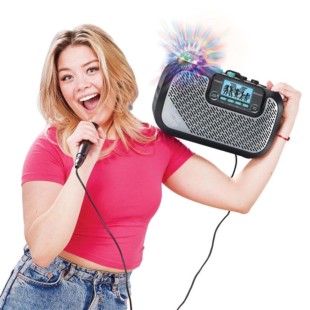 VTech - SuperSound Karaoke, Enceinte Karaoké Enfant avec Micro, Boule Disco Lumineuse Rotative, Bluetooth, Prise Jack pour Casque, Apprentissage du Chant, Cadeau Enfant Dès 5 Ans - Contenu en Français