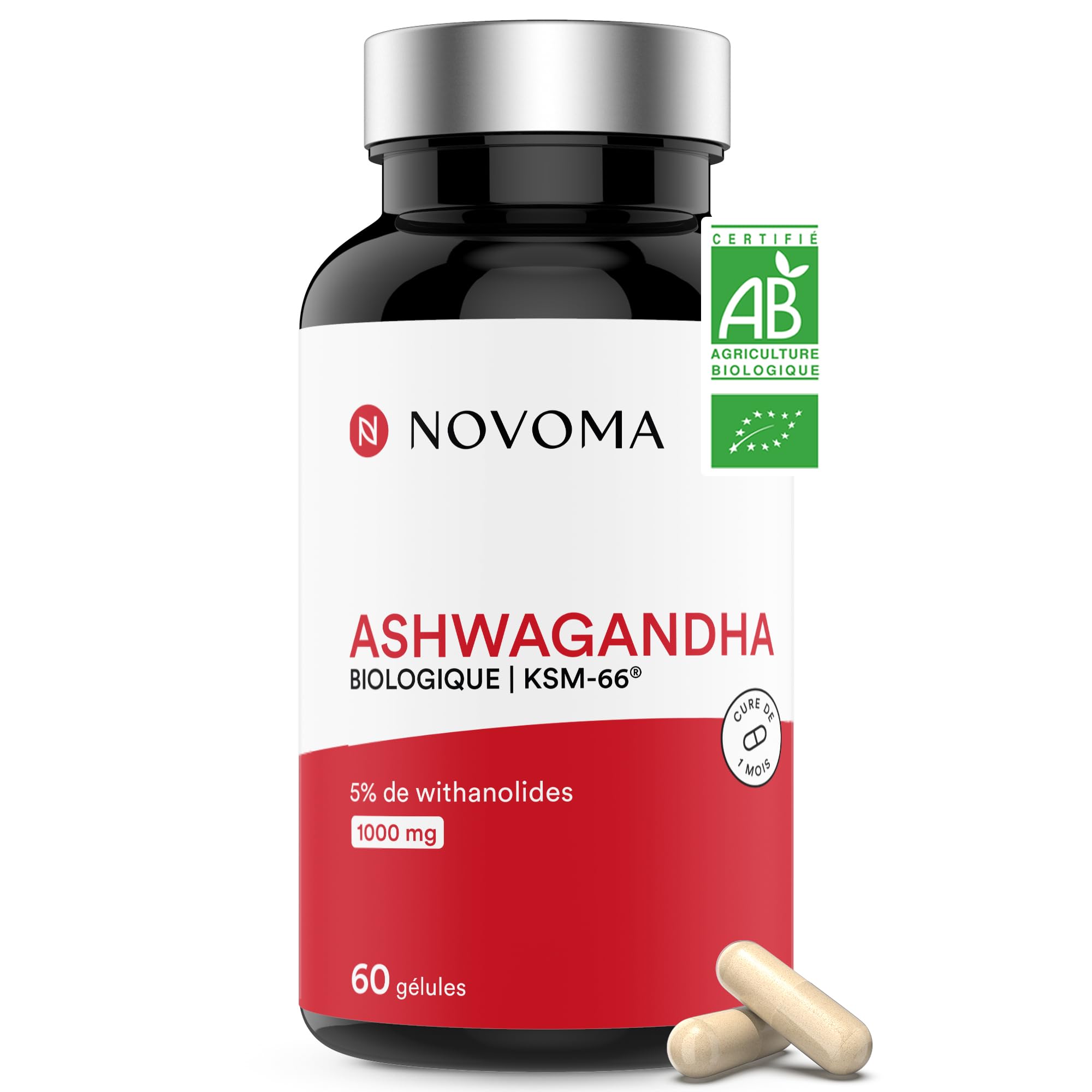 NOVOMA Ashwagandha KSM-66 1000 mg, Anti-Stress & Sleep, 5% Withanolides, 60 Vegan Capsules, Made in France